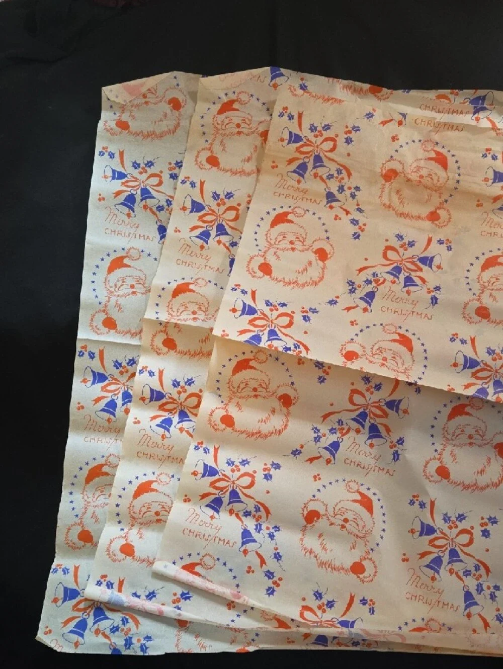 Vintage Merry Christmas Santa Gift Wrap - Cream with Orange & Blue